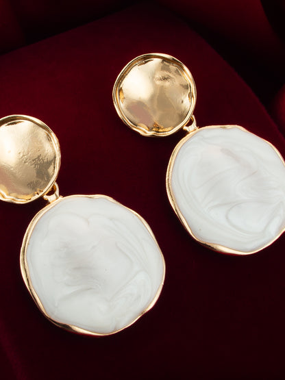 Aadita Textured Gold Plated Round Statement Earrings – White Marble Finish