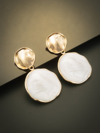 Aadita Textured Gold Plated Round Statement Earrings – White Marble Finish