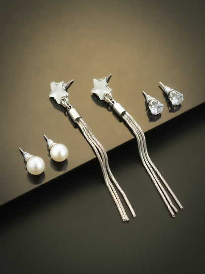 Aadita Silver Plated Multi-Style Tassel Earrings with Changeable Studs