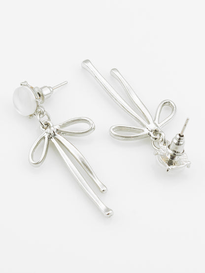 Aadita Silver Plated Ribbon Design Earrings with Frosted Studs