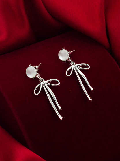 Aadita Silver Plated Ribbon Design Earrings with Frosted Studs