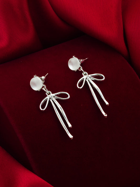 Aadita Silver Plated Ribbon Design Earrings with Frosted Studs