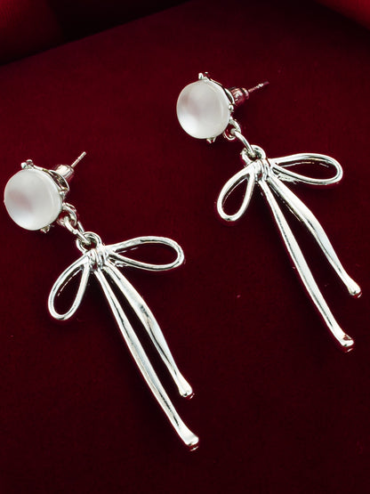 Aadita Silver Plated Ribbon Design Earrings with Frosted Studs