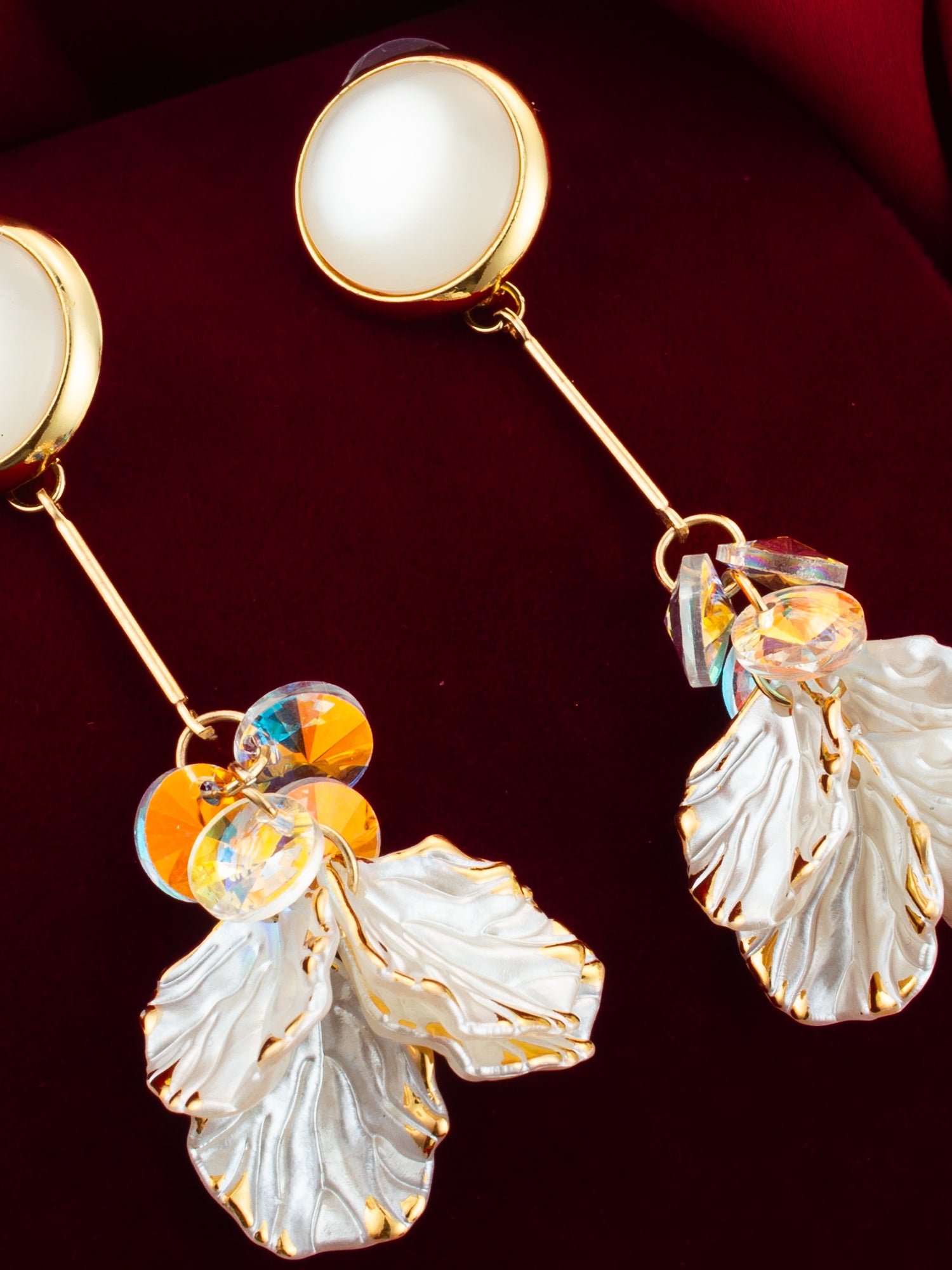 Aadita Crystal Bloom Long Leaf Earrings in Gold Finish