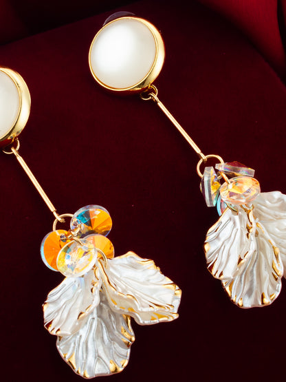 Aadita Crystal Bloom Long Leaf Earrings in Gold Finish