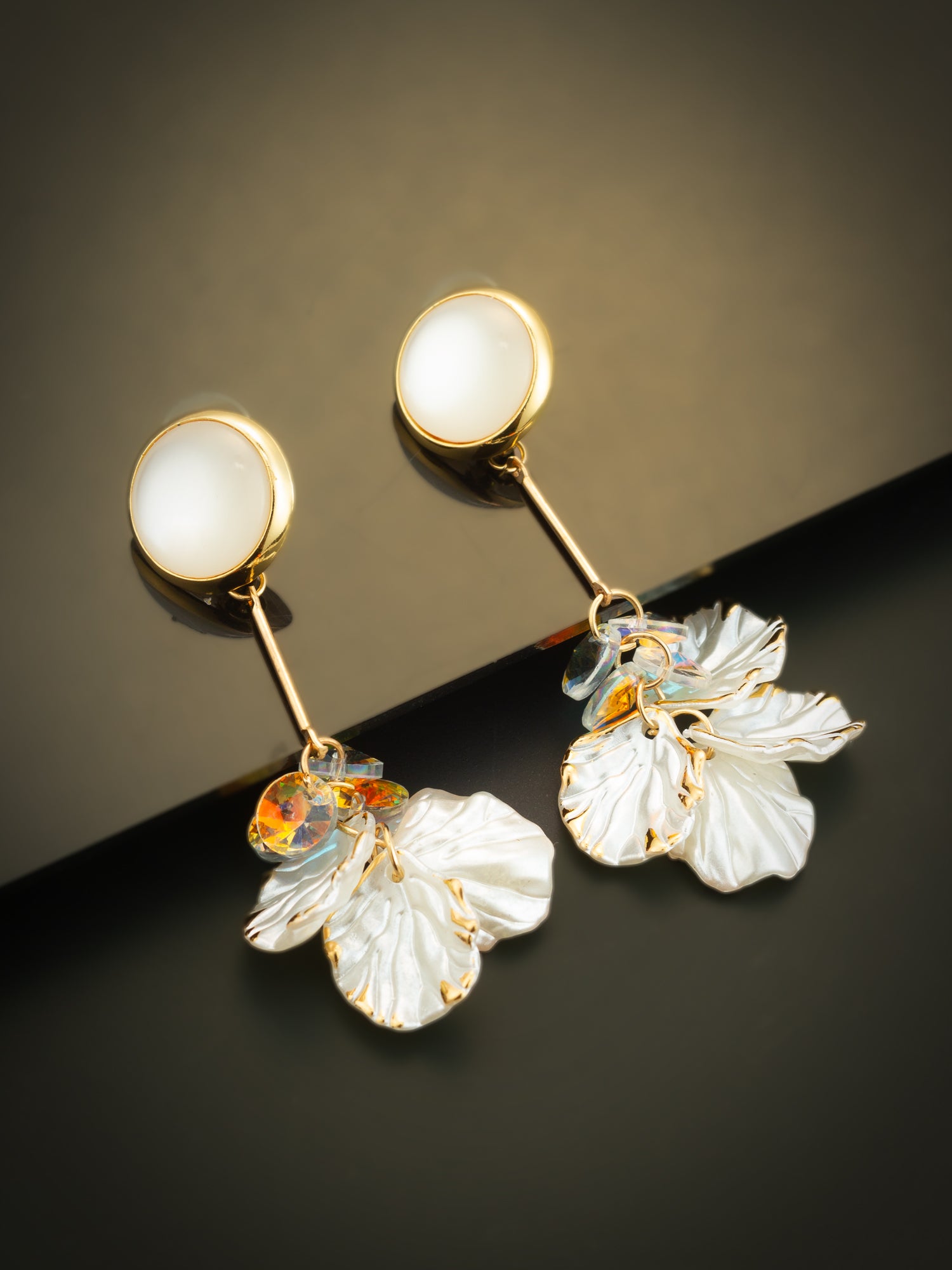 Aadita Crystal Bloom Long Leaf Earrings in Gold Finish