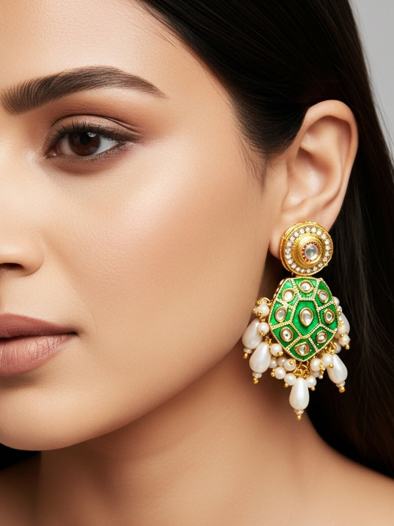 Aadita Green Meenakari Kundan Hexagonal Drop Earrings with Pearl Hangings