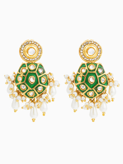 Aadita Green Meenakari Kundan Hexagonal Drop Earrings with Pearl Hangings