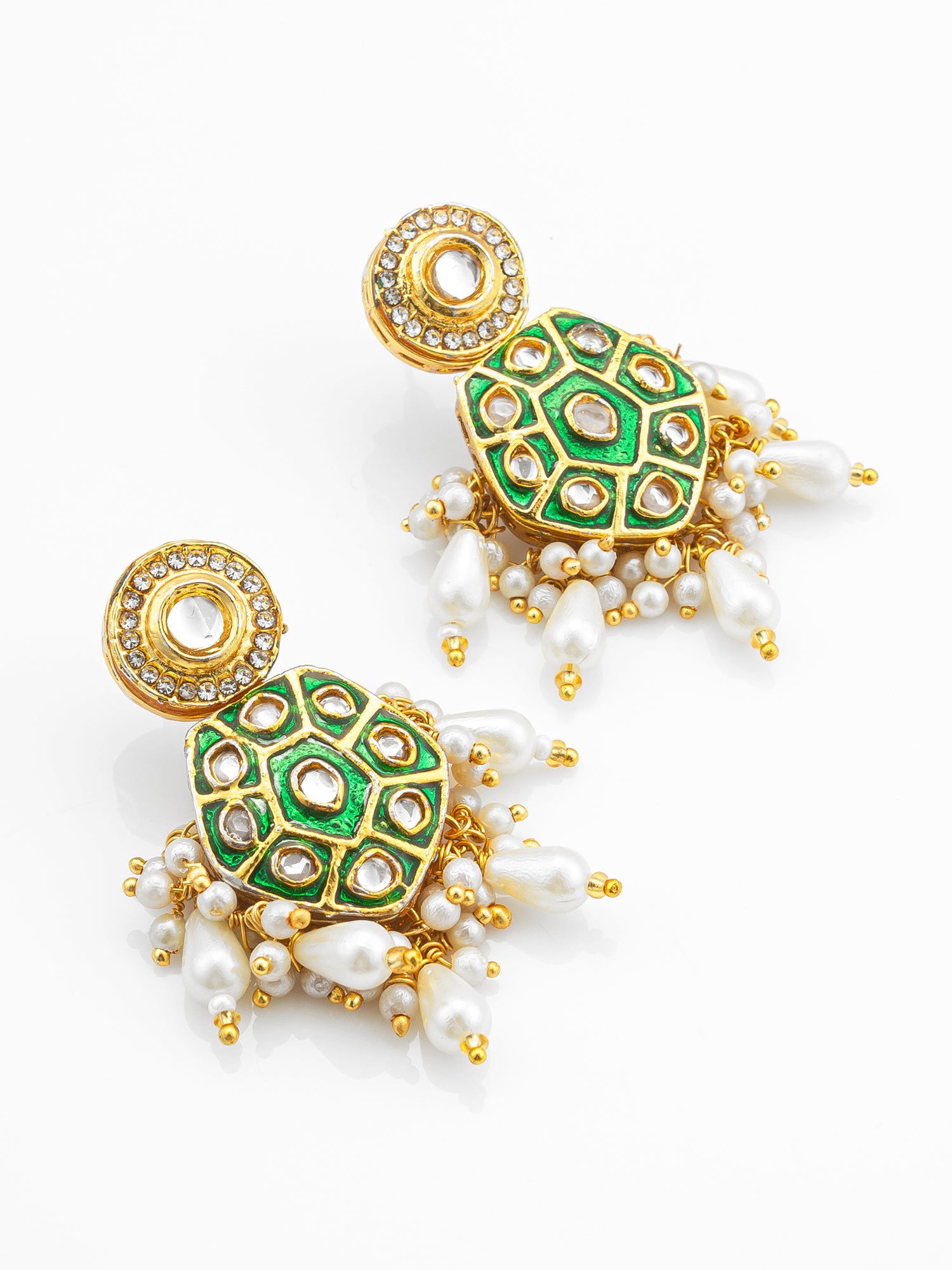 Aadita Green Meenakari Kundan Hexagonal Drop Earrings with Pearl Hangings