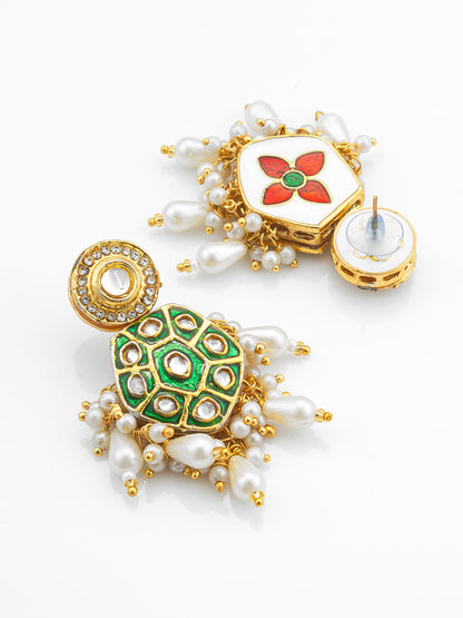 Aadita Green Meenakari Kundan Hexagonal Drop Earrings with Pearl Hangings