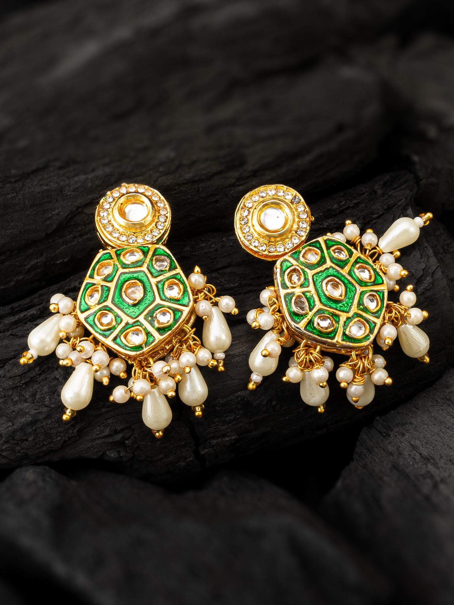 Aadita Green Meenakari Kundan Hexagonal Drop Earrings with Pearl Hangings