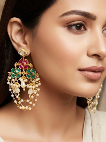 Aadita Traditional Red and Green Stone Chandelier Earrings with Multi-Layer Pearl Chains