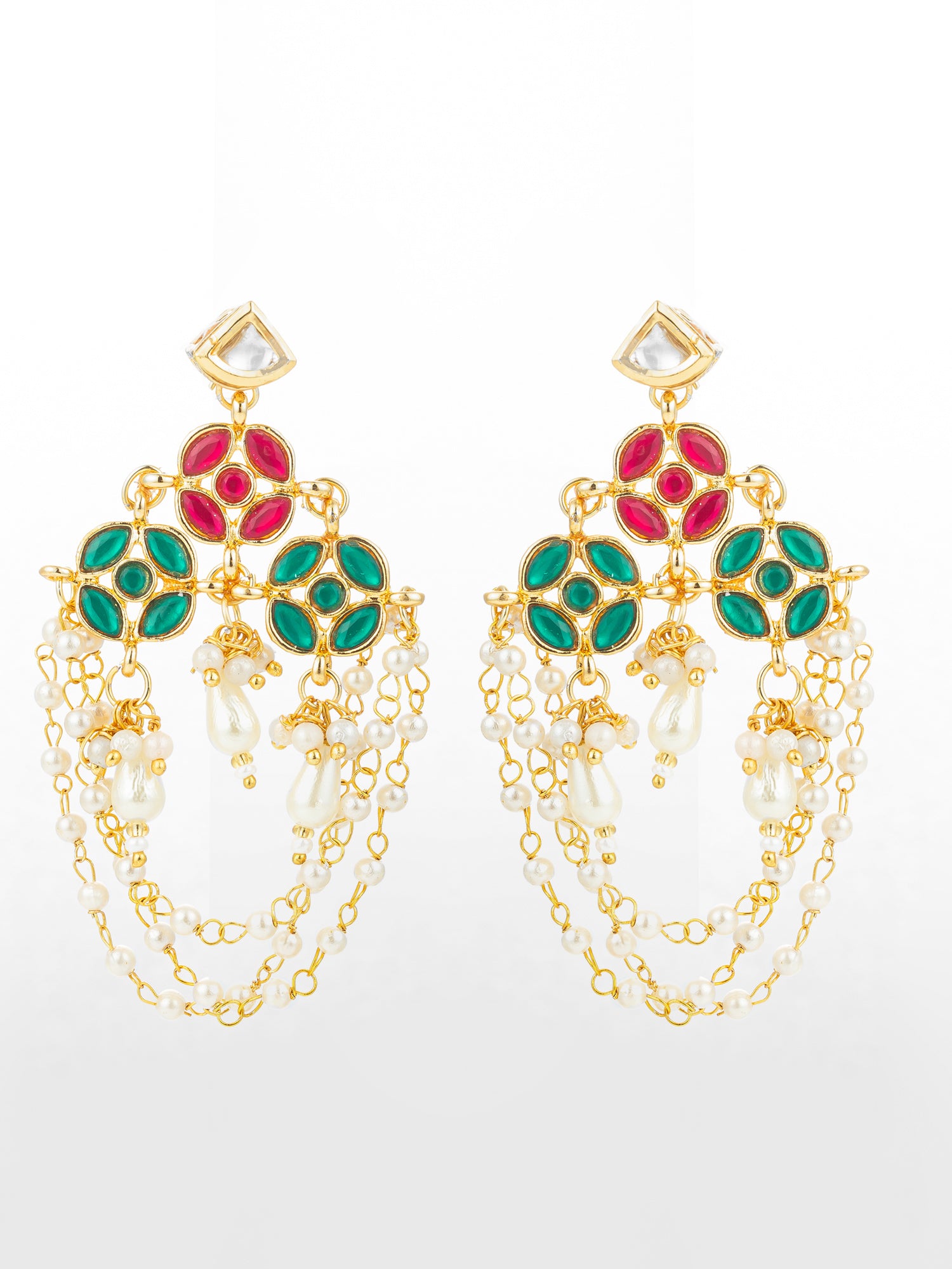 Aadita Traditional Red and Green Stone Chandelier Earrings with Multi-Layer Pearl Chains