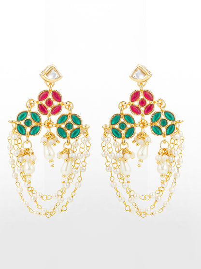 Aadita Traditional Red and Green Stone Chandelier Earrings with Multi-Layer Pearl Chains