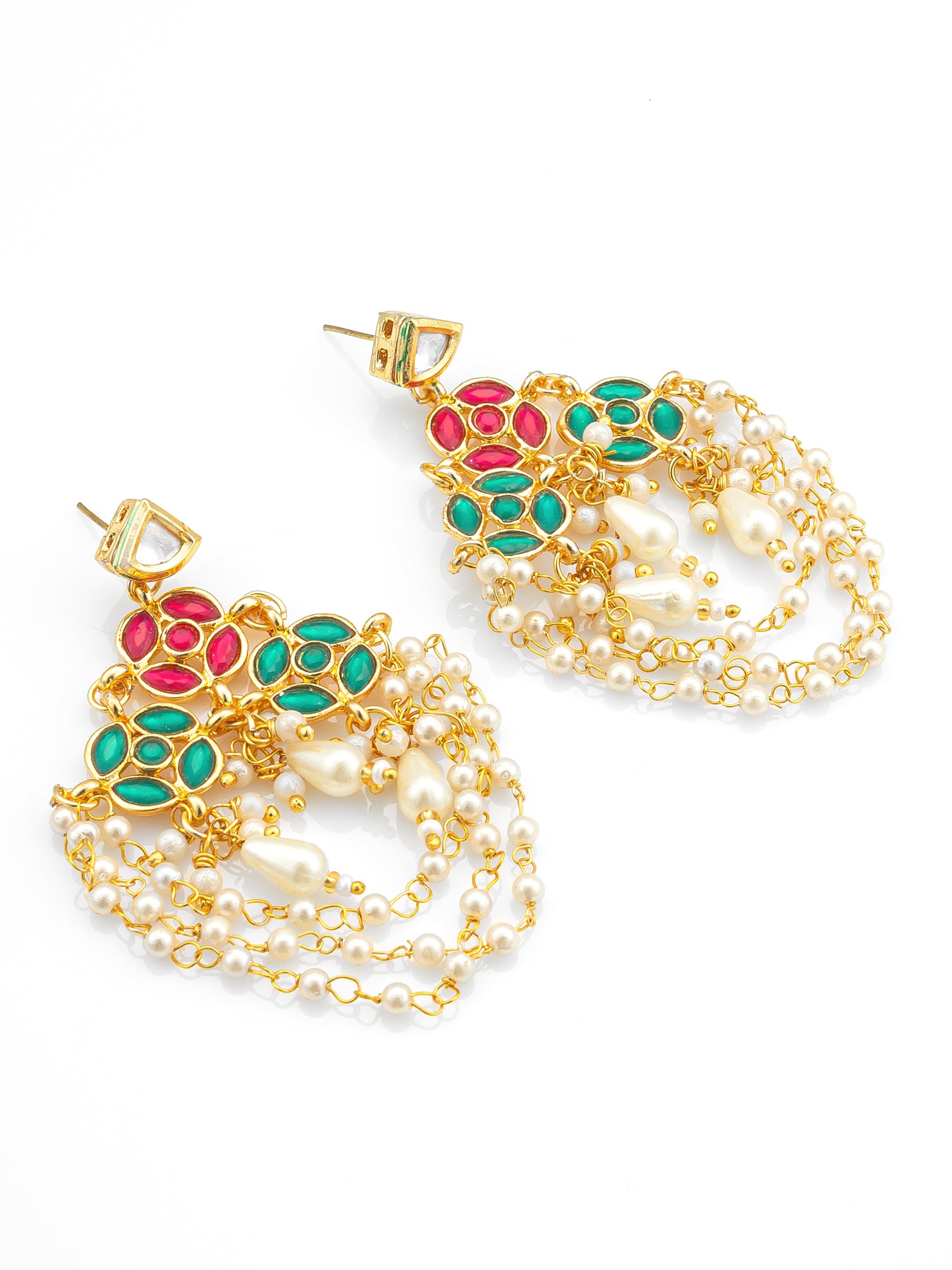 Aadita Traditional Red and Green Stone Chandelier Earrings with Multi-Layer Pearl Chains