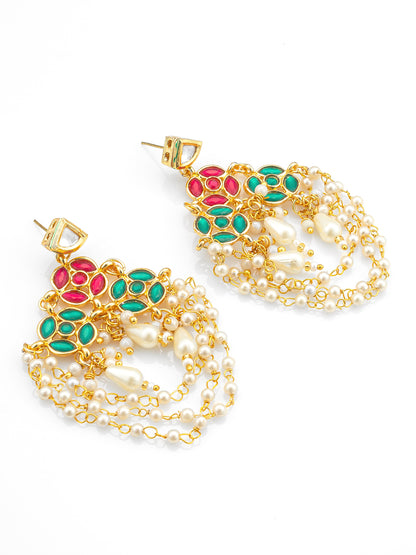 Aadita Traditional Red and Green Stone Chandelier Earrings with Multi-Layer Pearl Chains