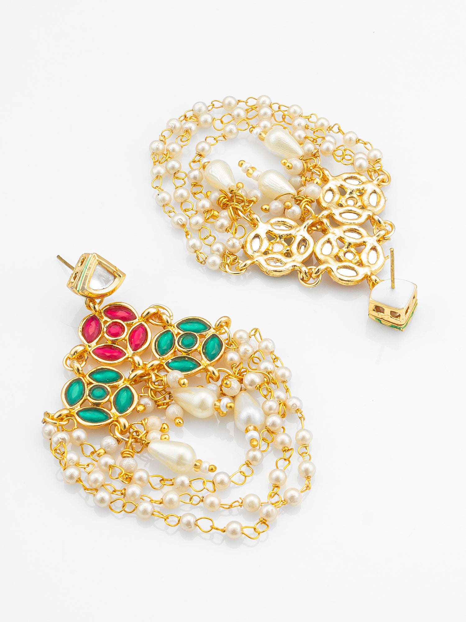 Aadita Traditional Red and Green Stone Chandelier Earrings with Multi-Layer Pearl Chains