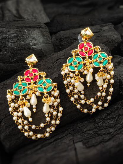 Aadita Traditional Red and Green Stone Chandelier Earrings with Multi-Layer Pearl Chains