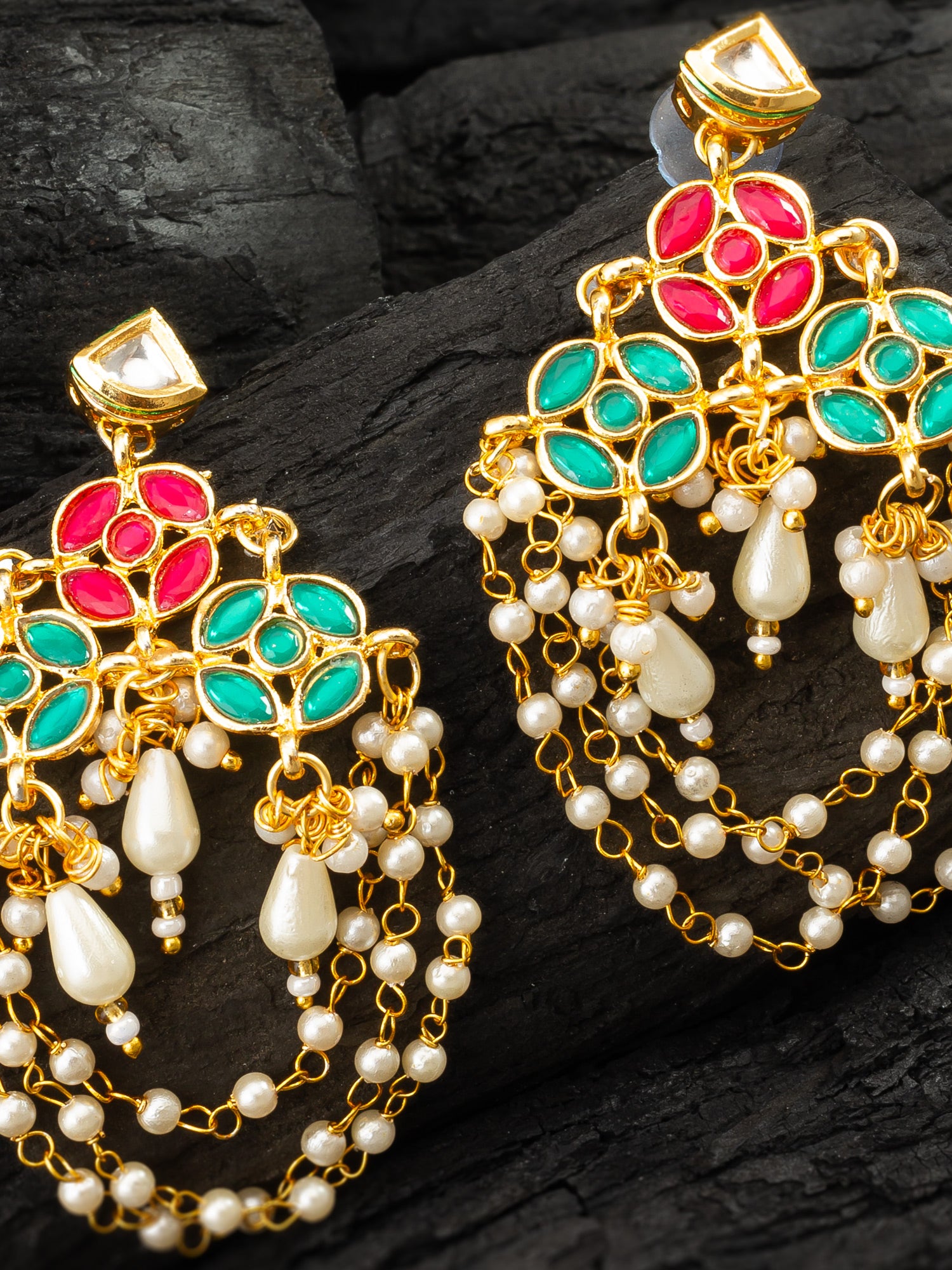 Aadita Traditional Red and Green Stone Chandelier Earrings with Multi-Layer Pearl Chains