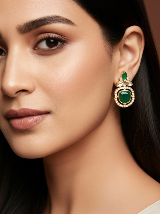 Aadita Gold Plated Green Stone and AD Studded Traditional Drop Earrings