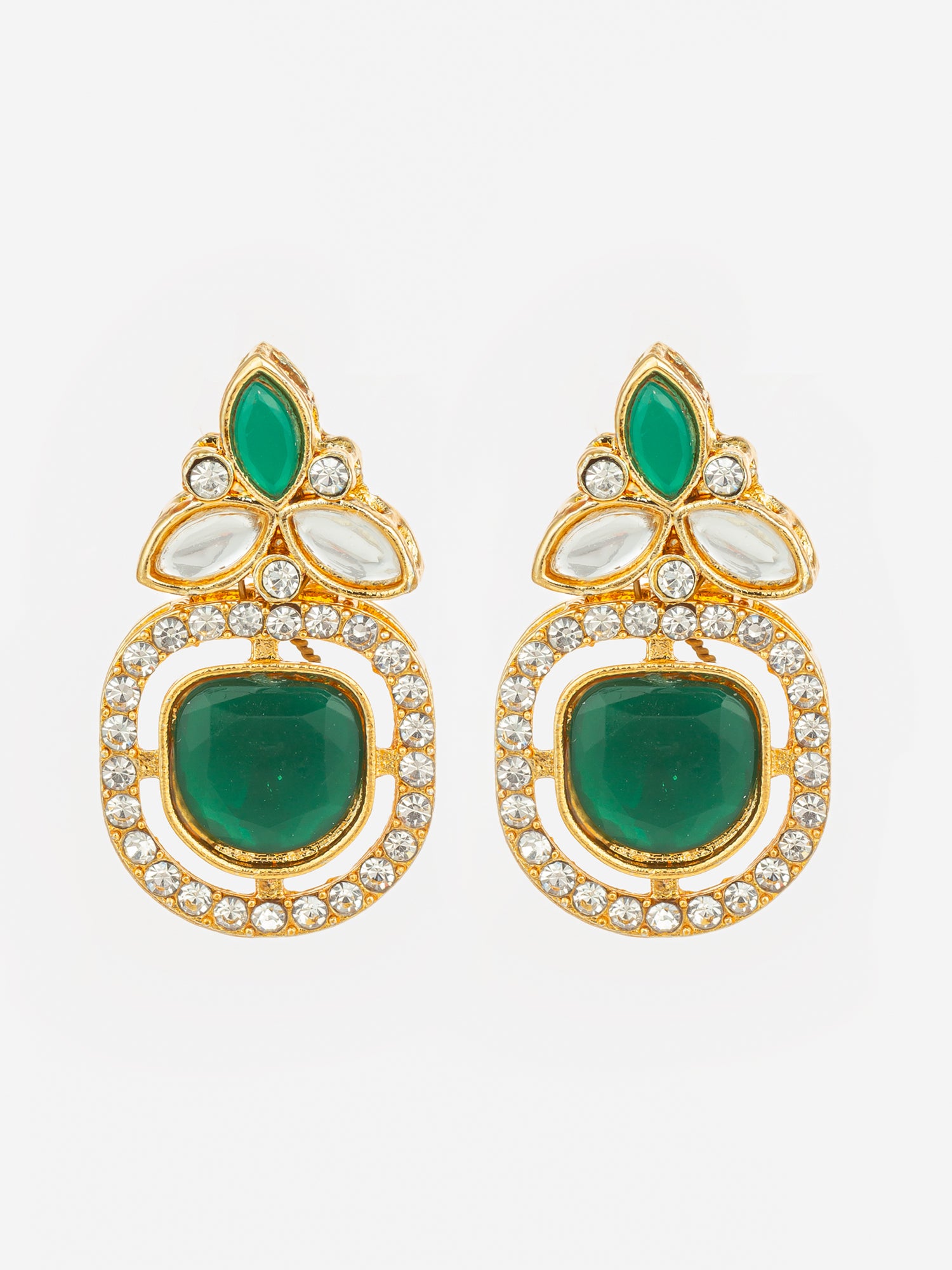 Aadita Gold Plated Green Stone and AD Studded Traditional Drop Earrings