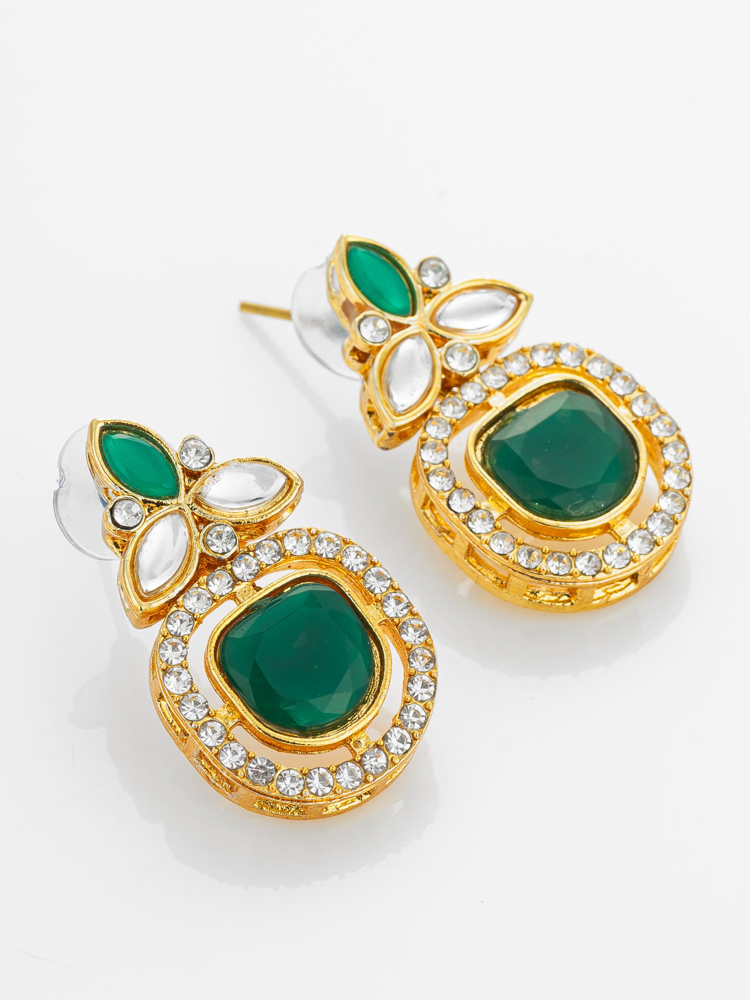Aadita Gold Plated Green Stone and AD Studded Traditional Drop Earrings