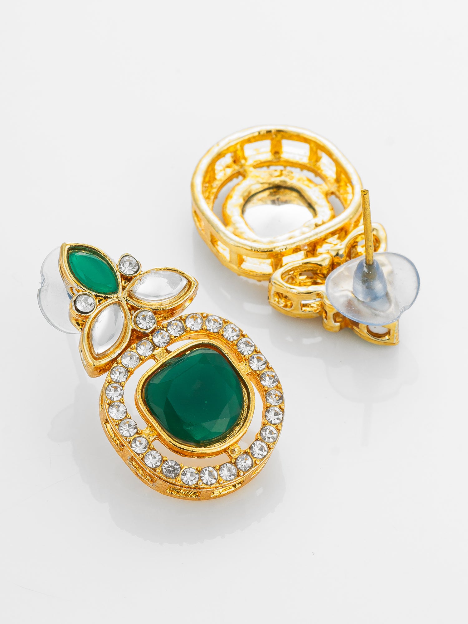 Aadita Gold Plated Green Stone and AD Studded Traditional Drop Earrings