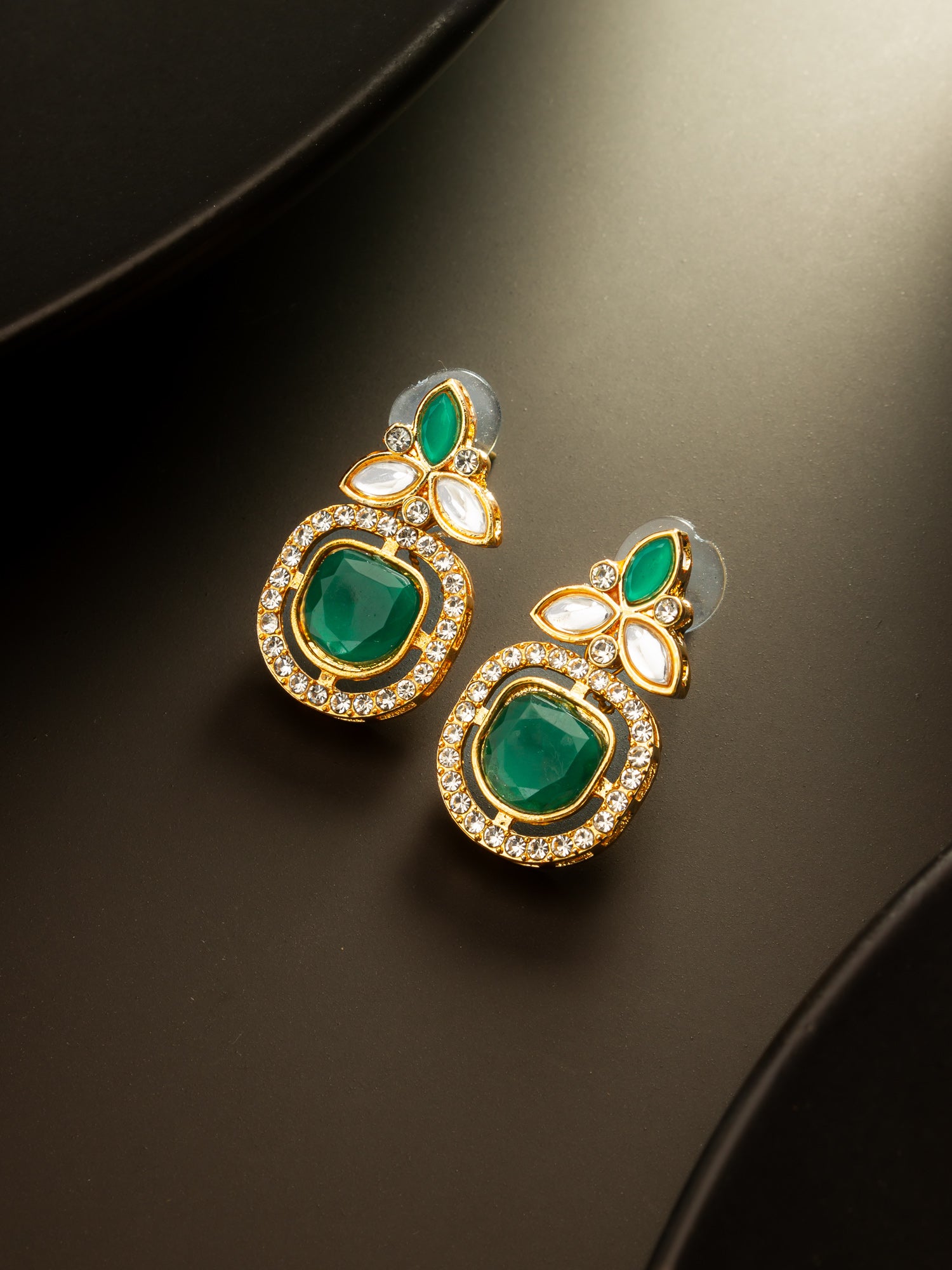 Aadita Gold Plated Green Stone and AD Studded Traditional Drop Earrings