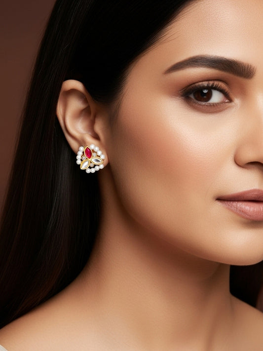 Aadita Gold Plated Red Kundan and Pearl Border Stud Earrings