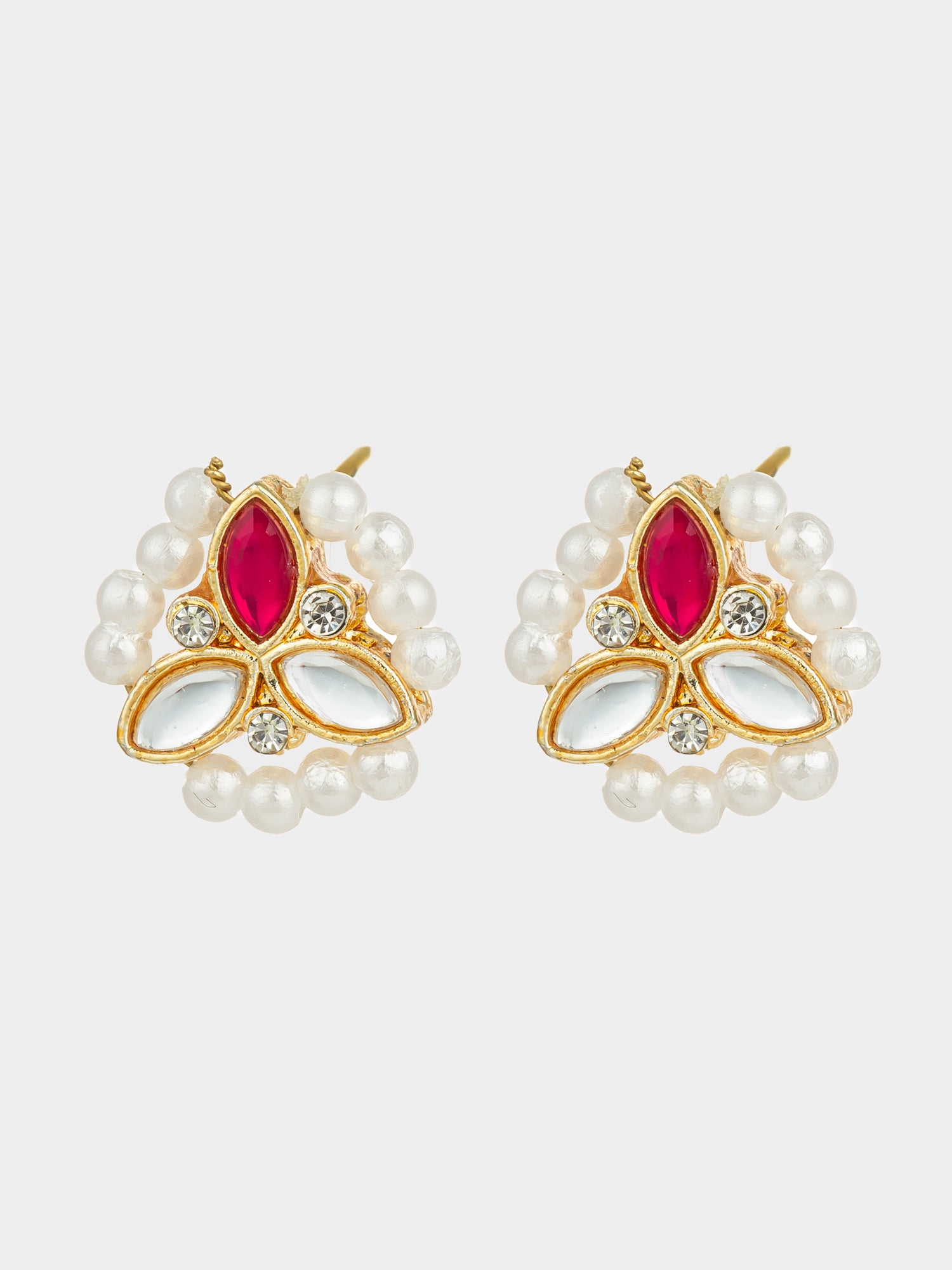 Aadita Gold Plated Red Kundan and Pearl Border Stud Earrings