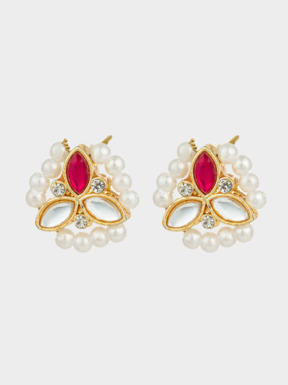 Aadita Gold Plated Red Kundan and Pearl Border Stud Earrings