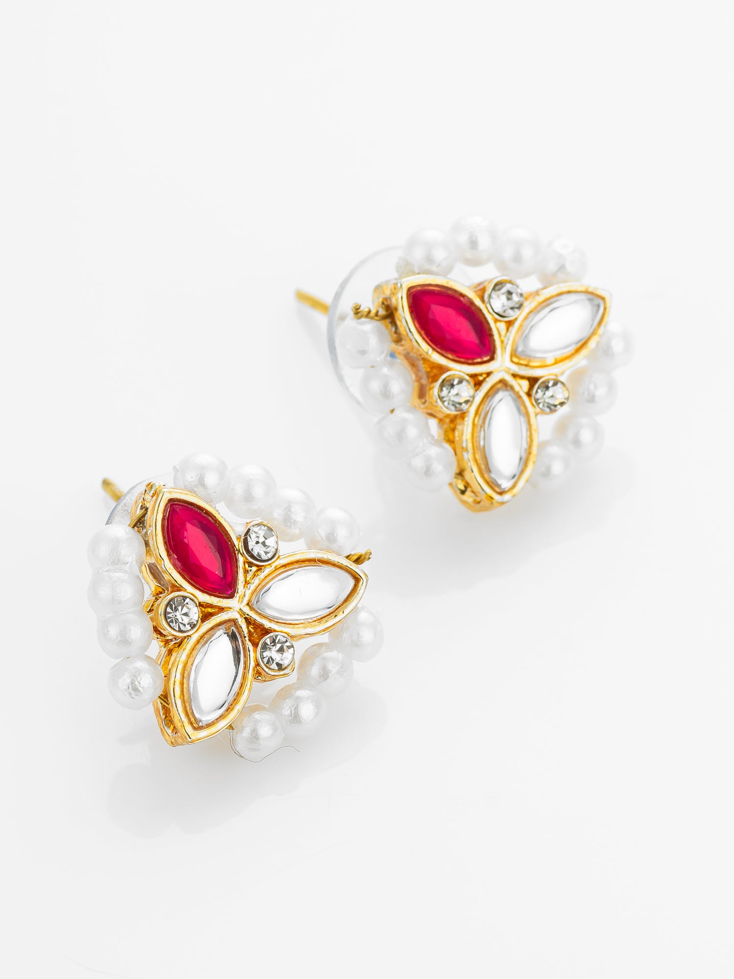 Aadita Gold Plated Red Kundan and Pearl Border Stud Earrings