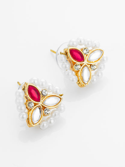Aadita Gold Plated Red Kundan and Pearl Border Stud Earrings