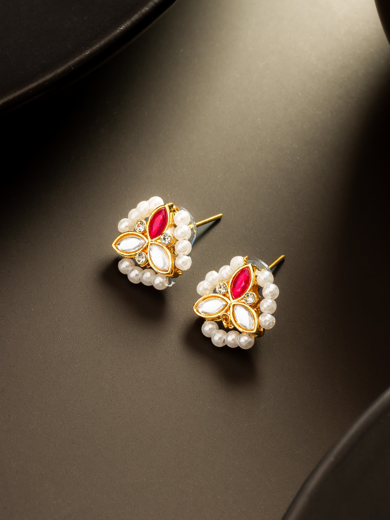 Aadita Gold Plated Red Kundan and Pearl Border Stud Earrings