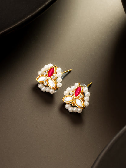Aadita Gold Plated Red Kundan and Pearl Border Stud Earrings