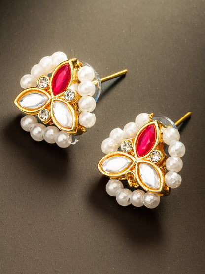 Aadita Gold Plated Red Kundan and Pearl Border Stud Earrings