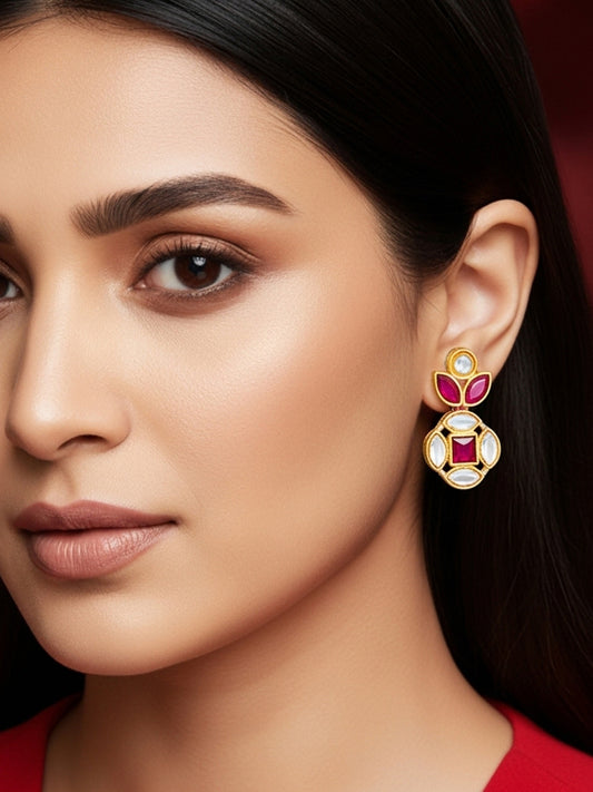 Aadita Gold Plated Red Stone and Kundan Traditional Floral Drop Earrings
