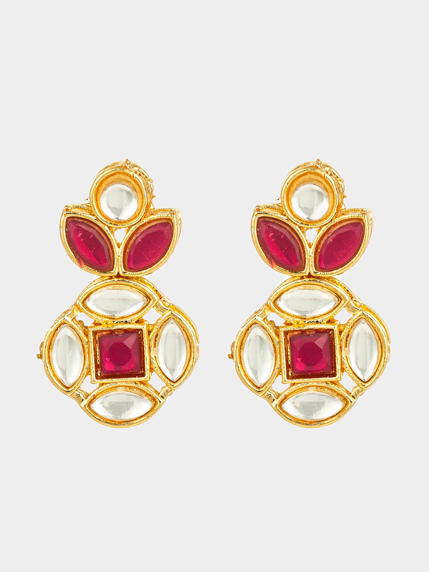 Aadita Gold Plated Red Stone and Kundan Traditional Floral Drop Earrings