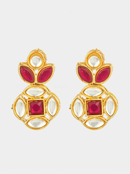 Aadita Gold Plated Red Stone and Kundan Traditional Floral Drop Earrings