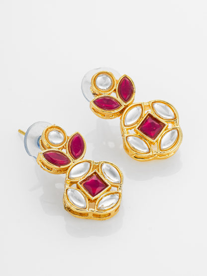 Aadita Gold Plated Red Stone and Kundan Traditional Floral Drop Earrings