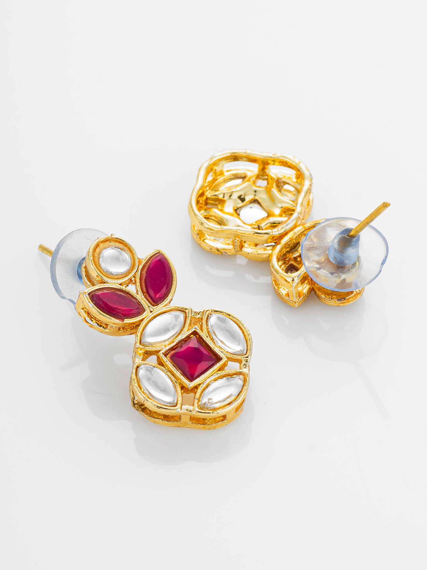 Aadita Gold Plated Red Stone and Kundan Traditional Floral Drop Earrings