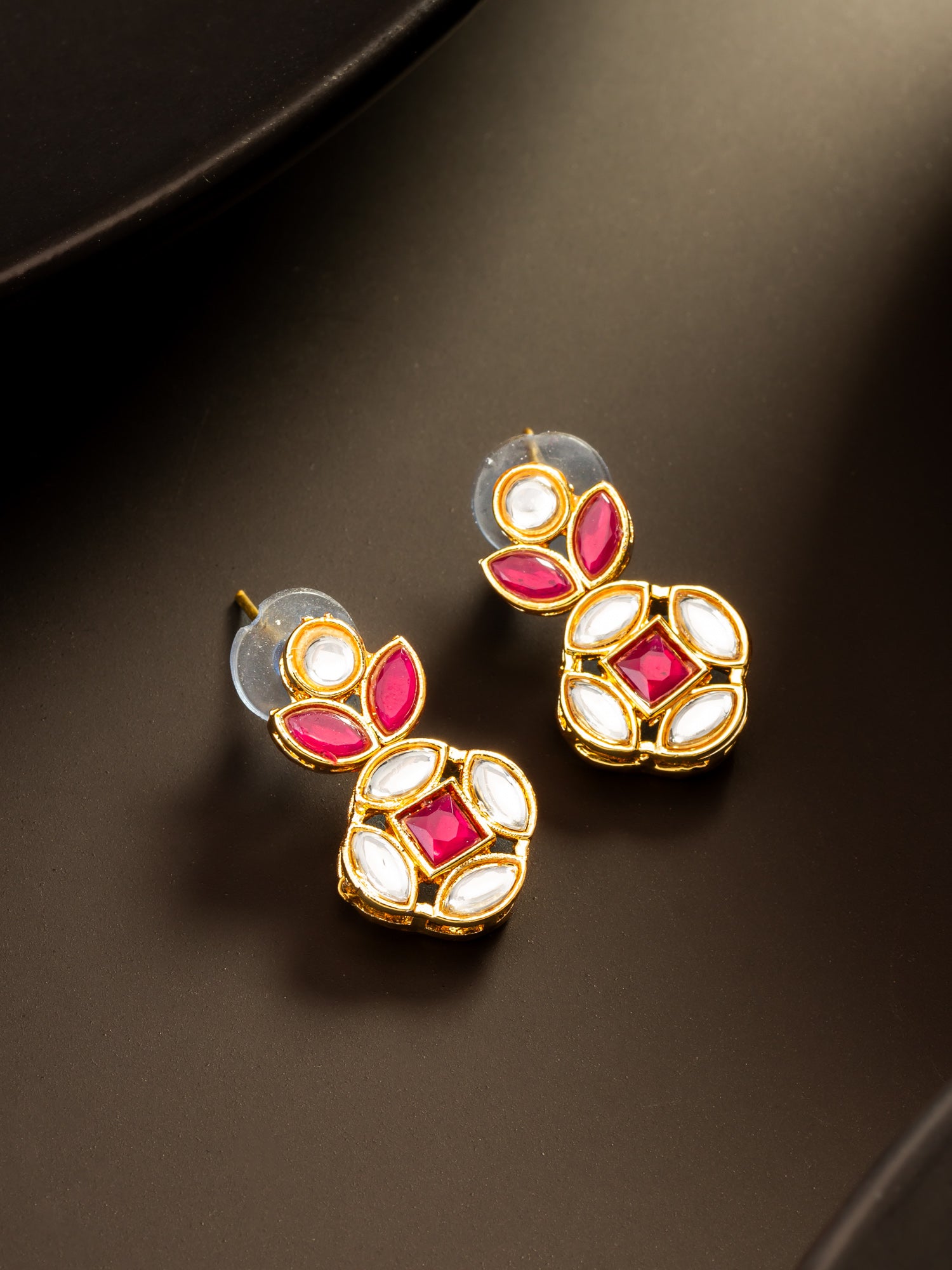 Aadita Gold Plated Red Stone and Kundan Traditional Floral Drop Earrings