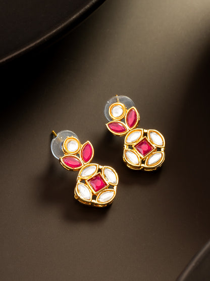 Aadita Gold Plated Red Stone and Kundan Traditional Floral Drop Earrings