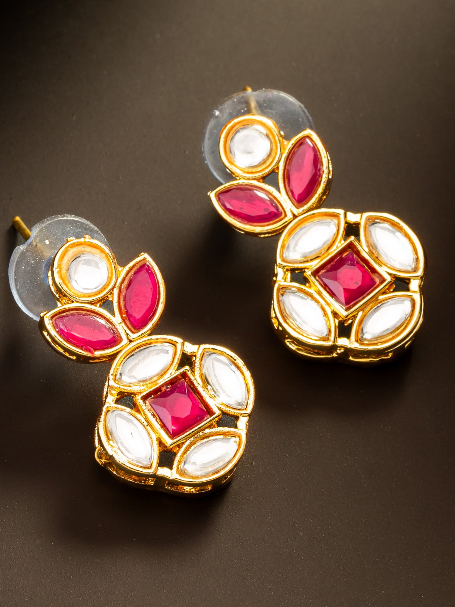 Aadita Gold Plated Red Stone and Kundan Traditional Floral Drop Earrings