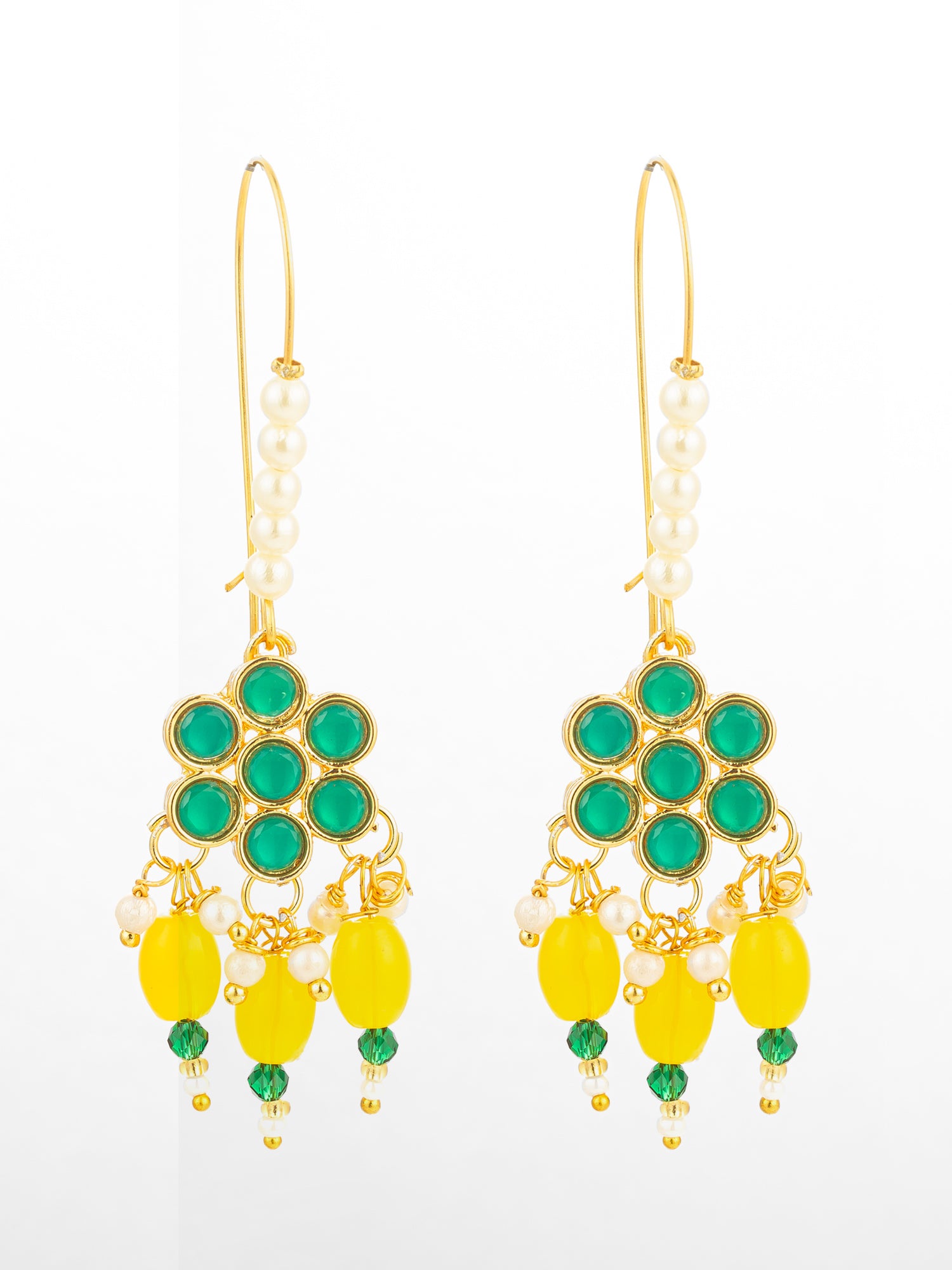 Aadita Long Hook Green Floral Earrings with Yellow Bead Clusters and Pearl Accents