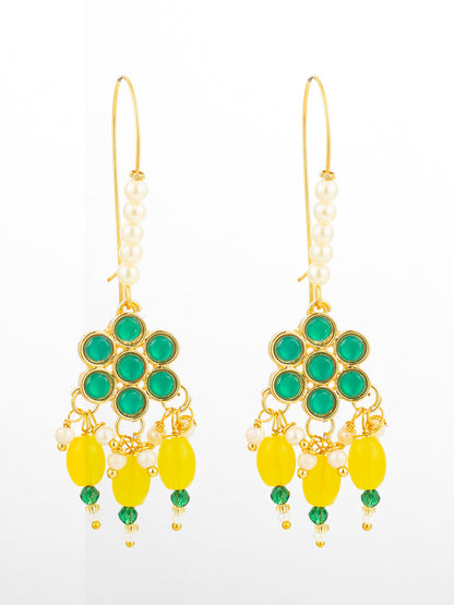 Aadita Long Hook Green Floral Earrings with Yellow Bead Clusters and Pearl Accents