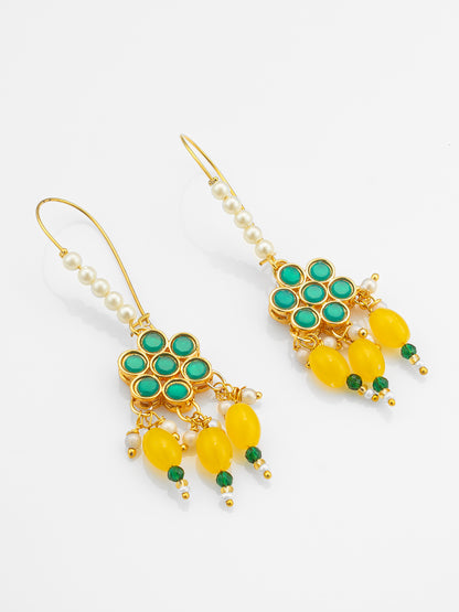 Aadita Long Hook Green Floral Earrings with Yellow Bead Clusters and Pearl Accents