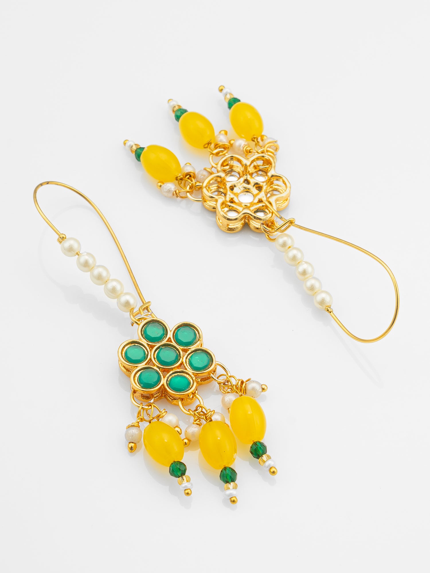 Aadita Long Hook Green Floral Earrings with Yellow Bead Clusters and Pearl Accents