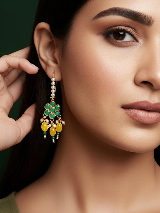Aadita Long Hook Green Floral Earrings with Yellow Bead Clusters and Pearl Accents
