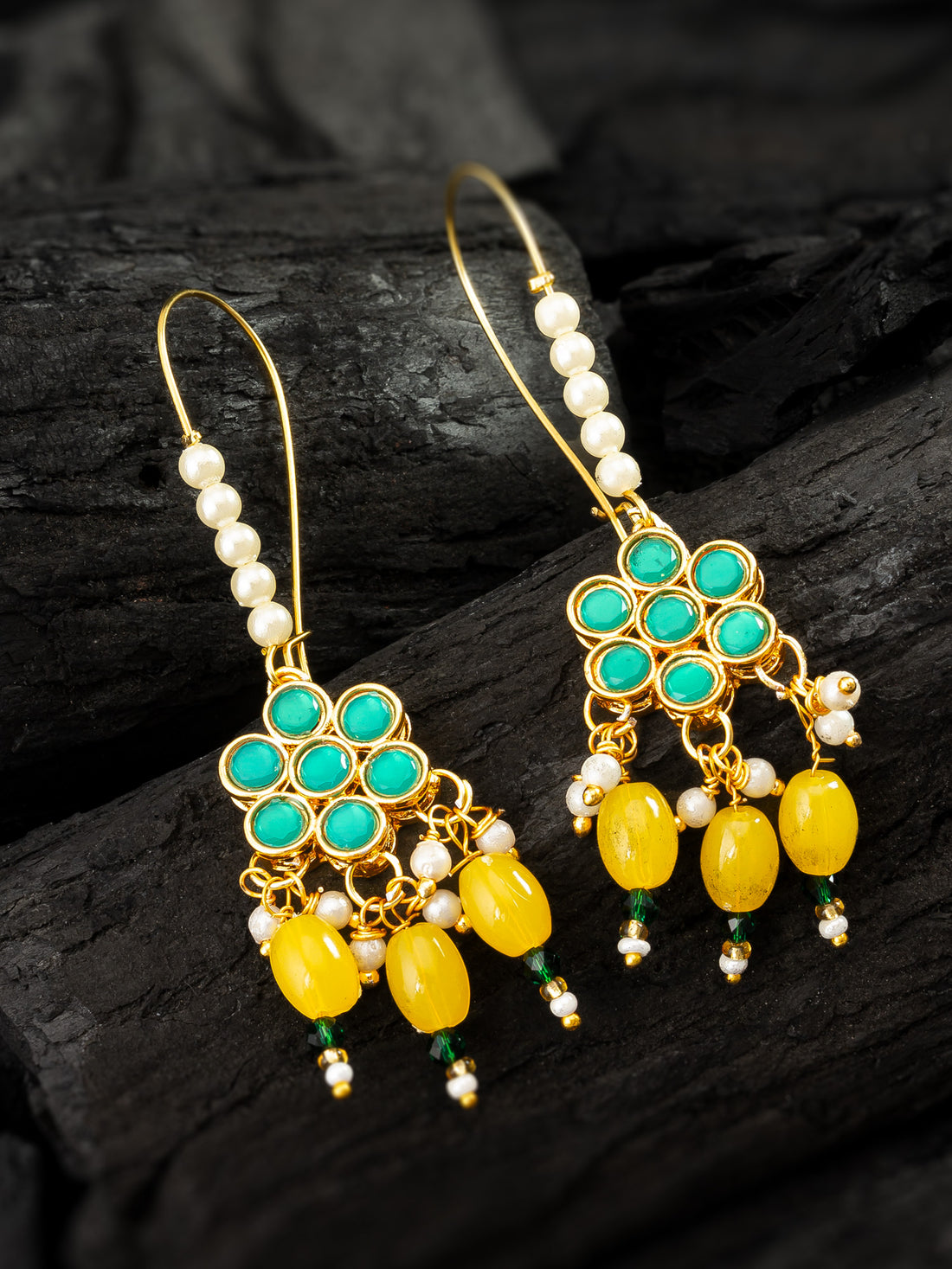 Aadita Long Hook Green Floral Earrings with Yellow Bead Clusters and Pearl Accents